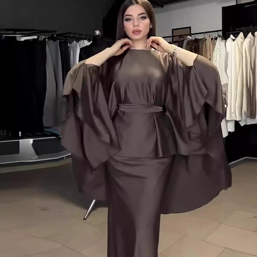 Spring Long-sleeved Dress Batwing Sleeve Waist Draping Dresses