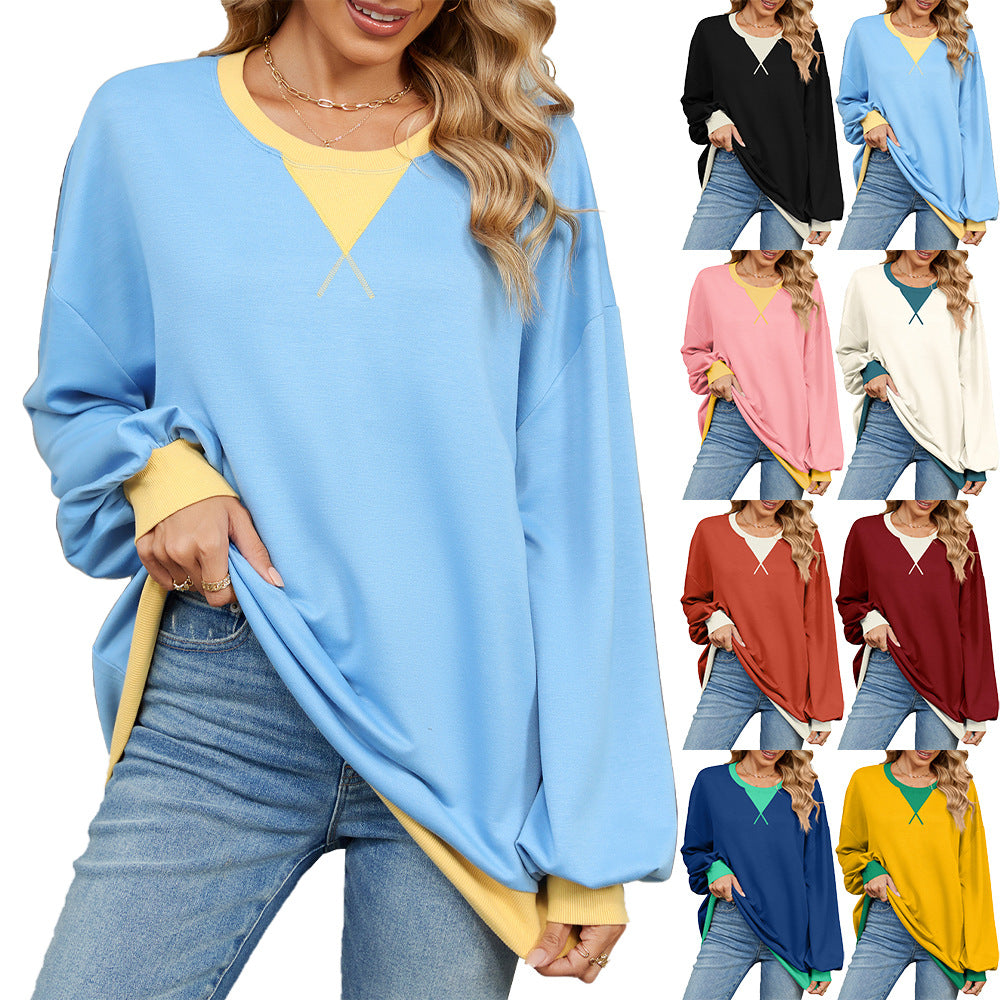 Women's Contrast Color Round Neck Loose Long Women's Sweater, Sweater