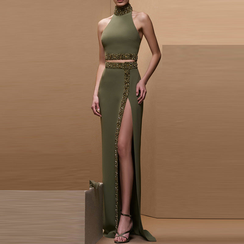 Beads Rhinestones Split Long Two-piece Set Fashion Casual Suit