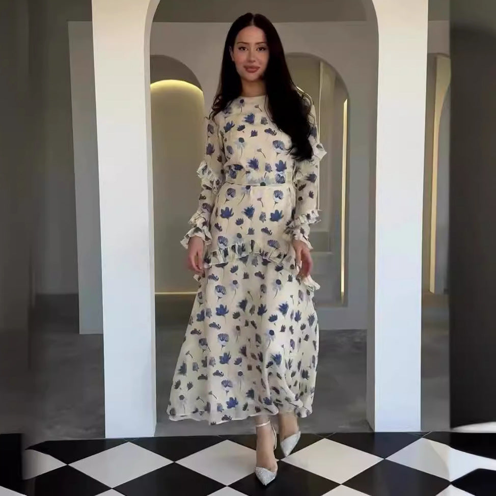 Women's Gentle Floral Dress Round Neck Long Dresses