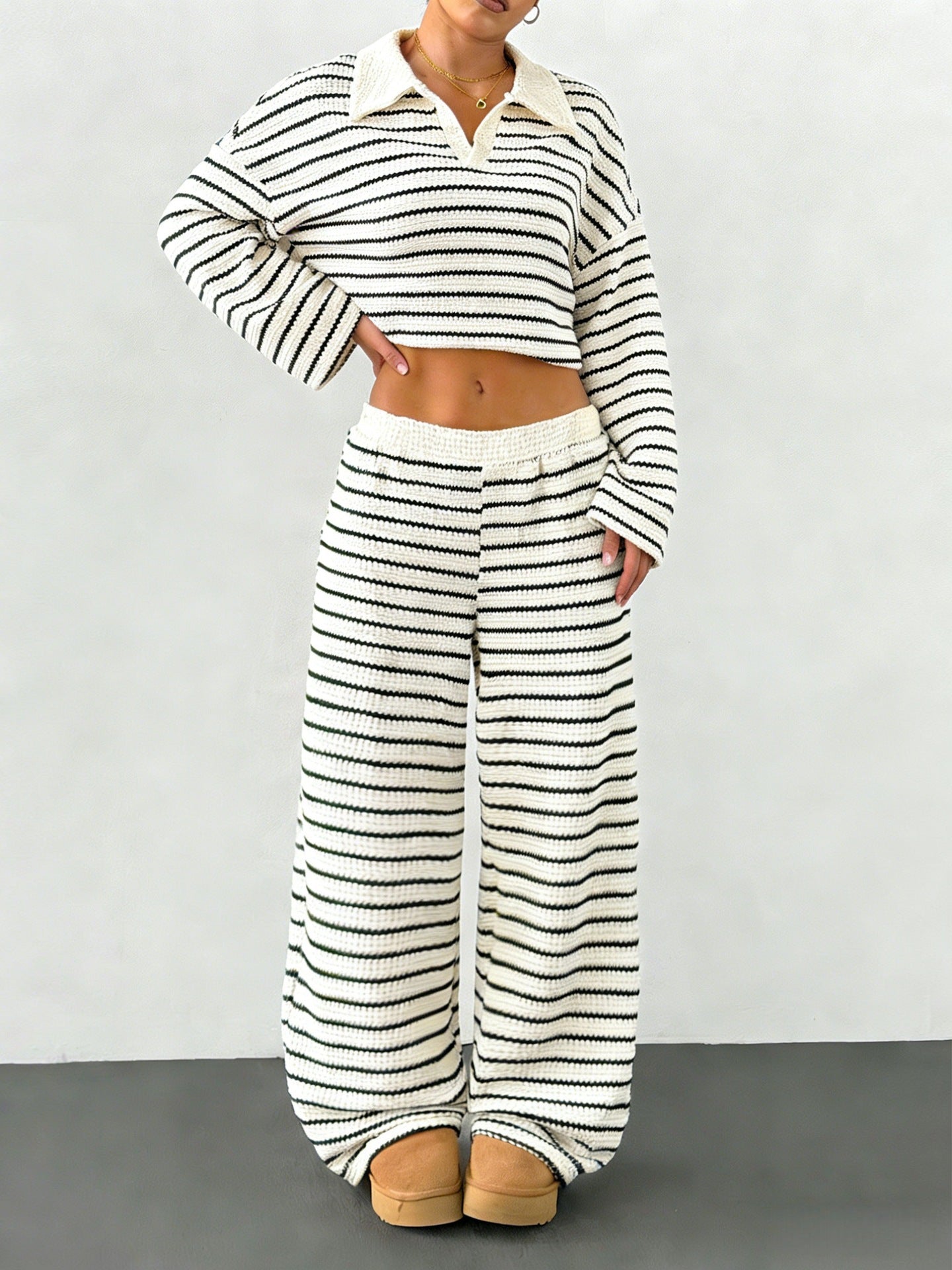 Women's Striped Lapel Fashionable Knitted Loose Long Sleeve Fashion Casual Suit