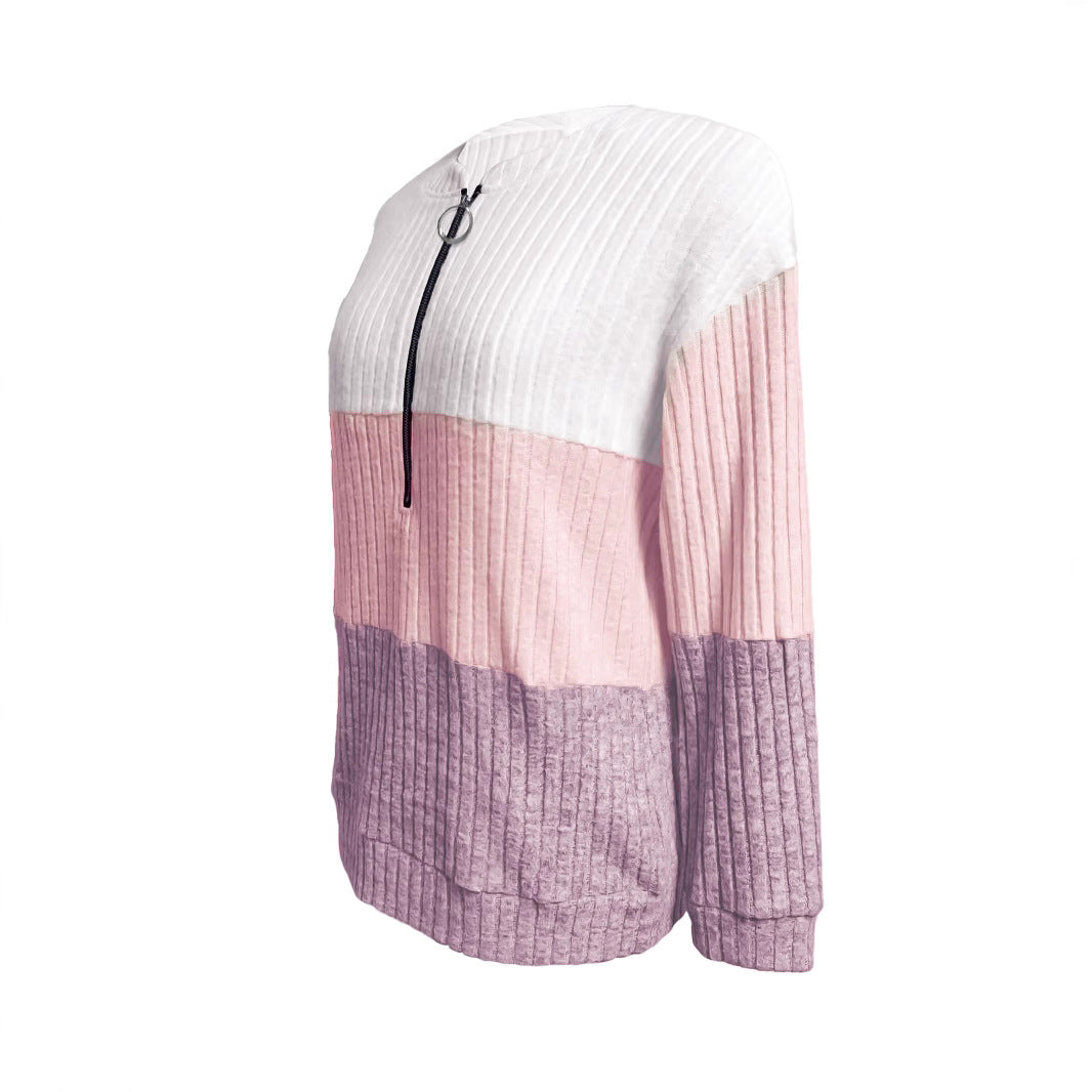 Women's Winter Zipper Color Contrast Patchwork Stand Collar Women's Sweater, Sweater