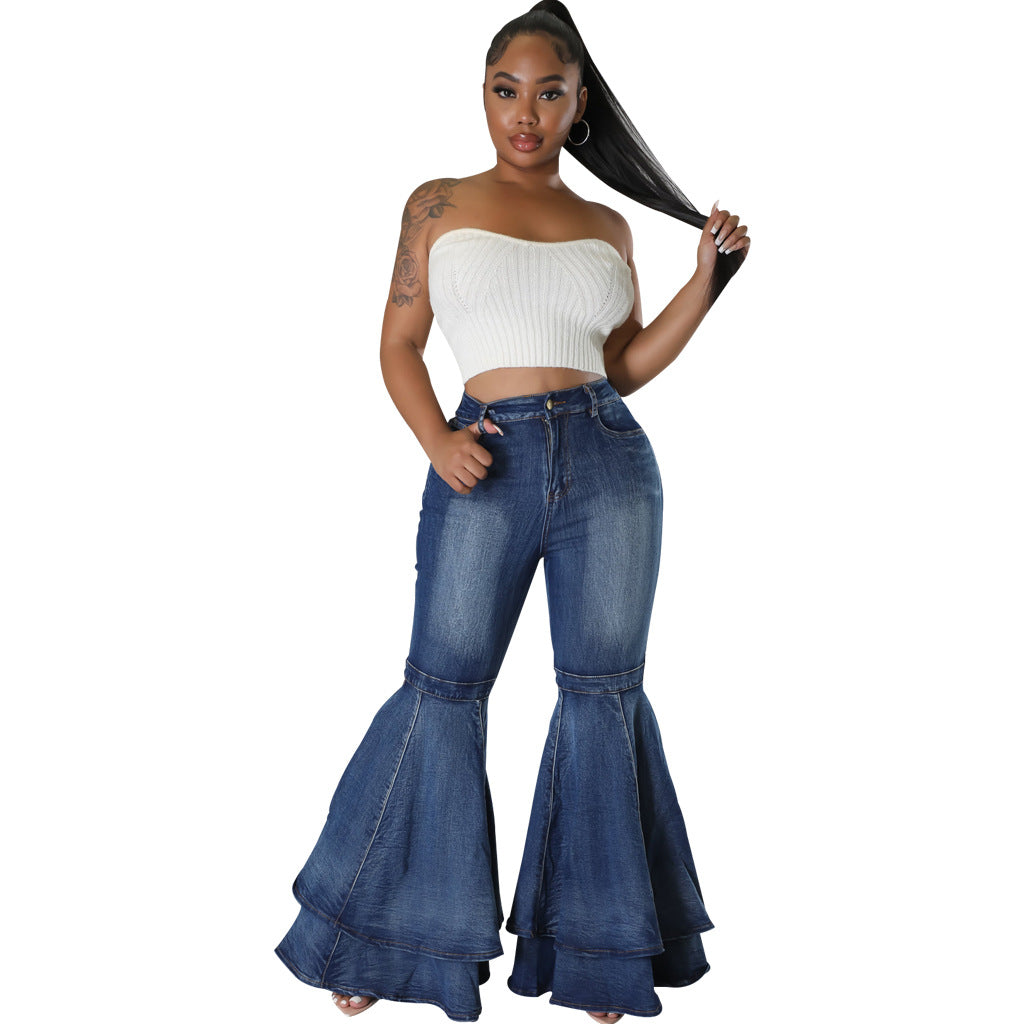 Comfortable Fashionable Washed Denim Stretch Flared Jeans