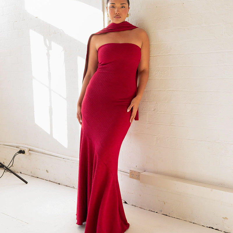 Close-fitting Waist Mid-length Sexy Style Wrapped Chest Dresses