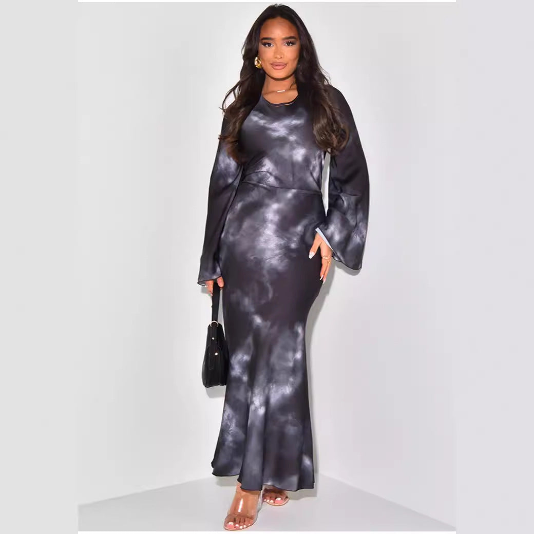 Loose Printed Casual Long Satin Dress Dresses