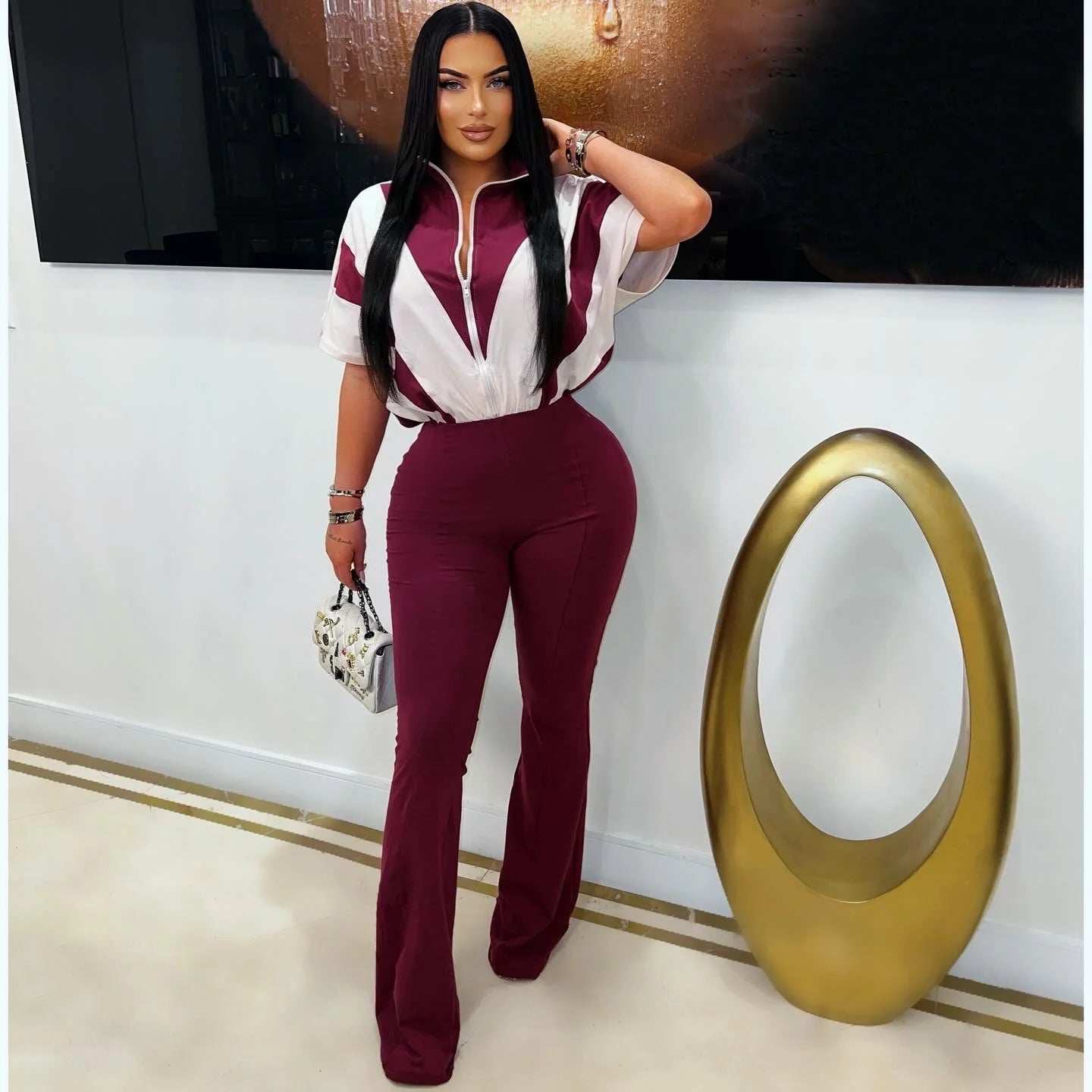 Women's Fashion Casual Zipper Stitching Contrast Color Jumpsuits