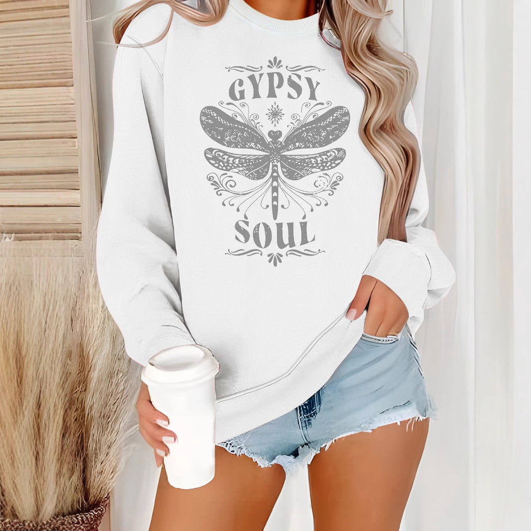 Women's Fashion Base Long-sleeved Dragonfly Round Neck Design Sweaters