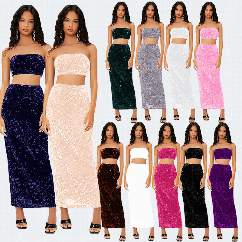 Women's Sequined Backless High-grade Tube Classic Style Casual Suits
