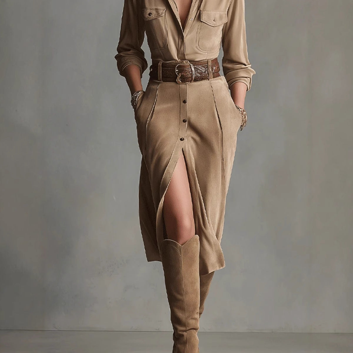 Women's Waist Dress Mid-length Single-breasted Long Sleeve Dresses