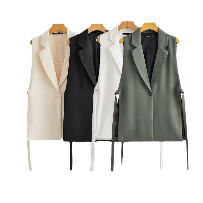 Pure Color Tied Decorative Split Single Vests