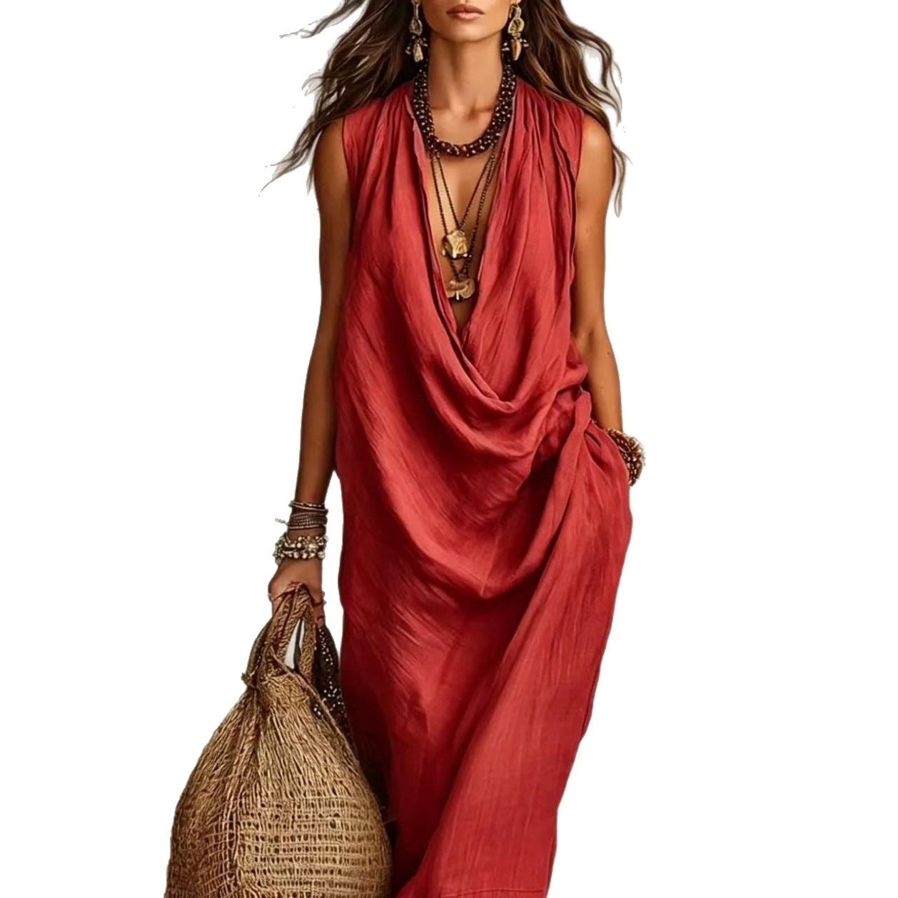 Women's Casual Sleeve Loose Swing Collar Cotton Linen Dress