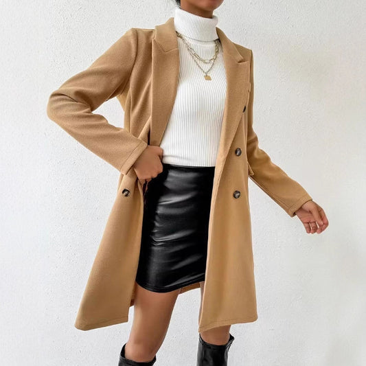 Women's Woolen Elegant Fashion Polo Collar Solid Color Mid-length Double-breasted Coats