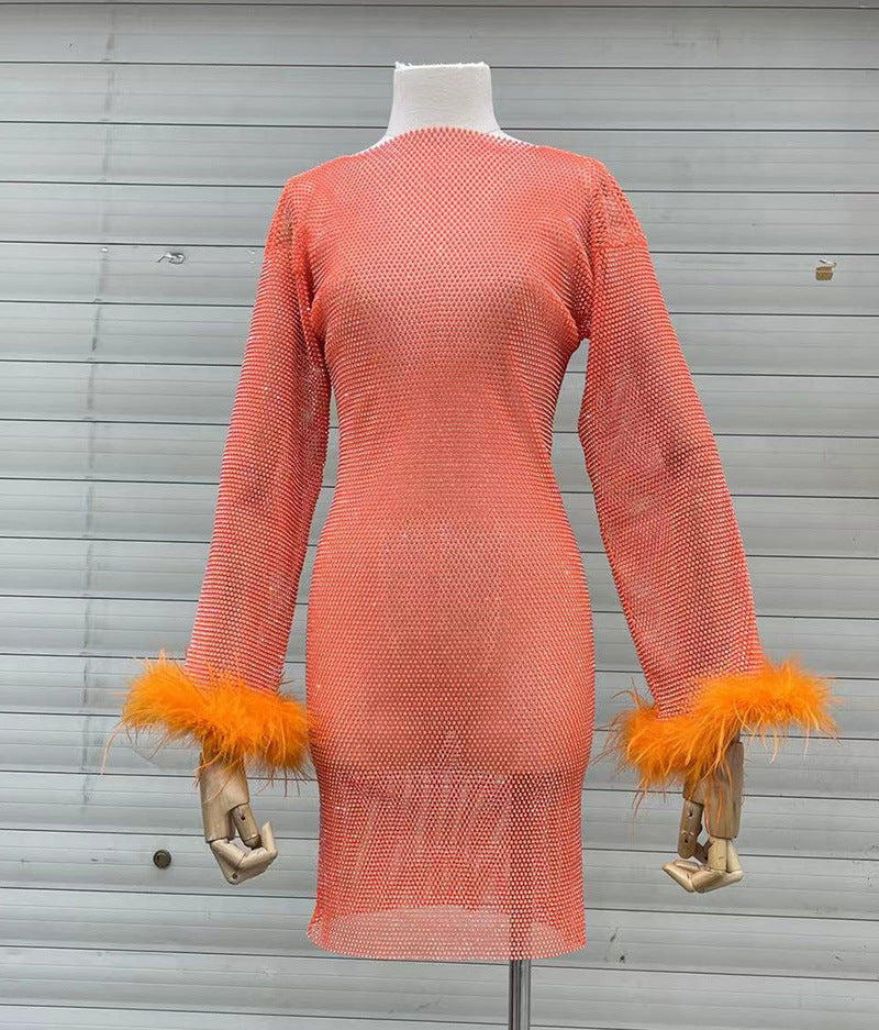 Fashion Luxury Hollow Mesh Ostrich Feather Slimming Bottoming Dresses