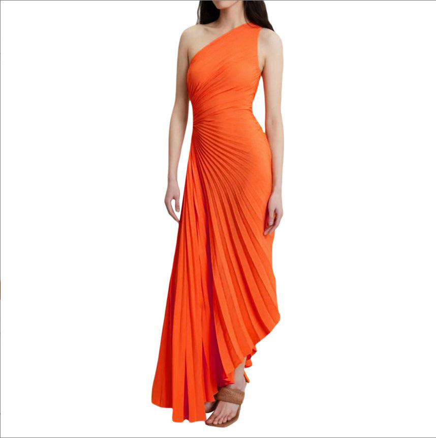 Women's Diagonal Collar Pleated Hollow Dress Satin Dresses