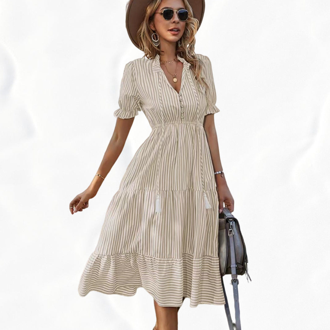 Women's Striped Elastic Waist Sleeve Expandable Dress