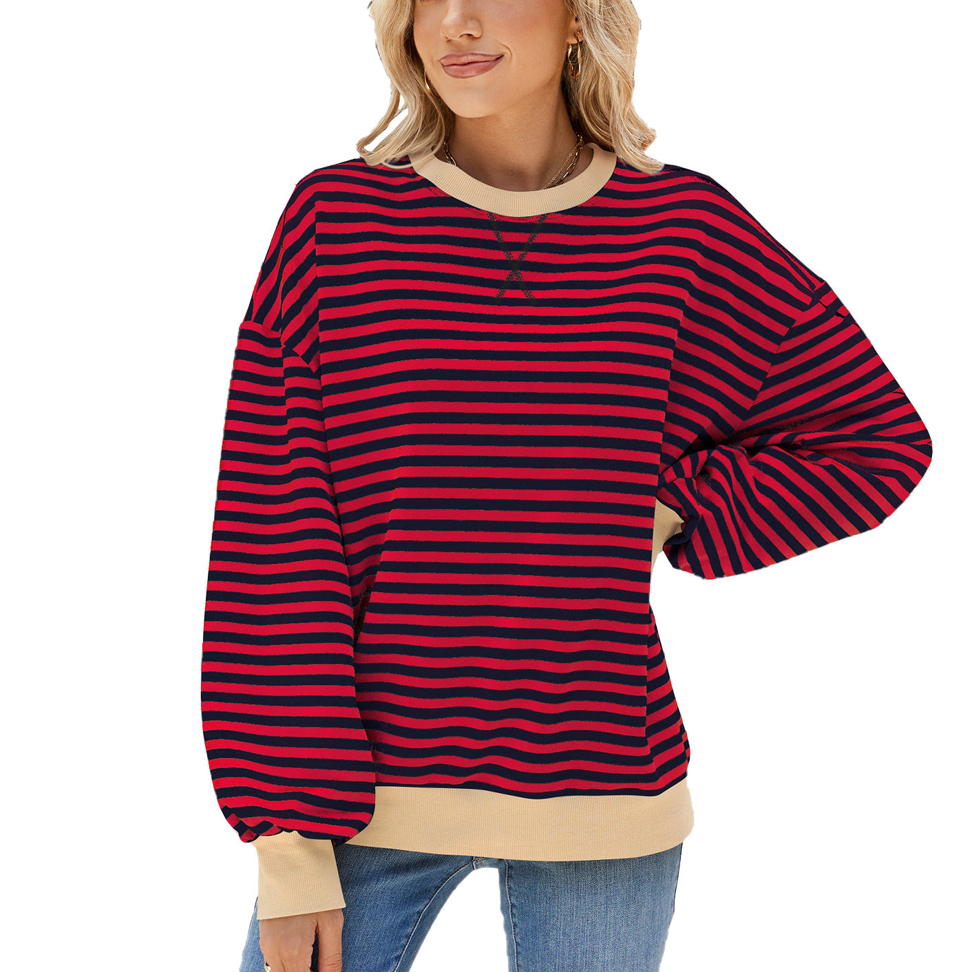 Women's Round Neck Contrast Color Loose Long Sleeve Women's Sweater, Sweater
