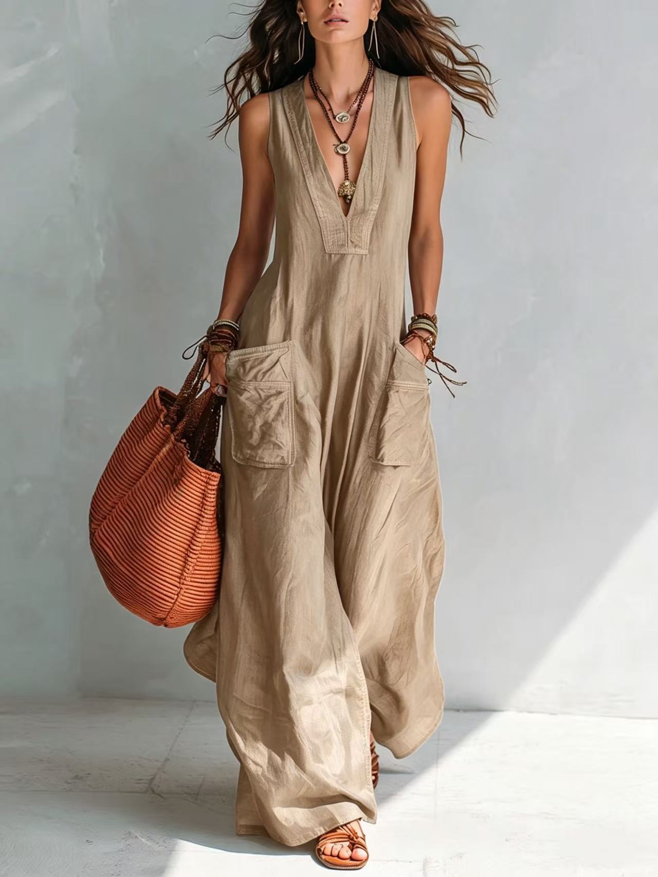 Solid Color Temperament Large Loose Pockets Jumpsuits