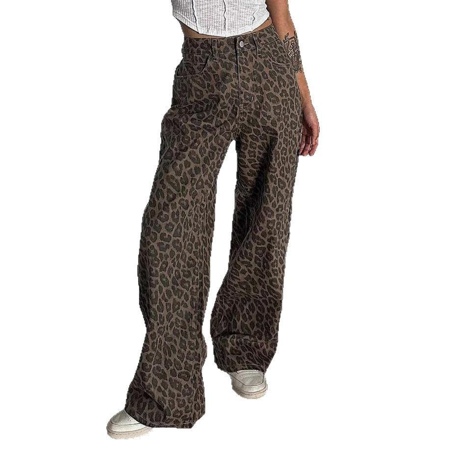 Women's Leopard Print Retro Design Niche Loose Women's Jeans