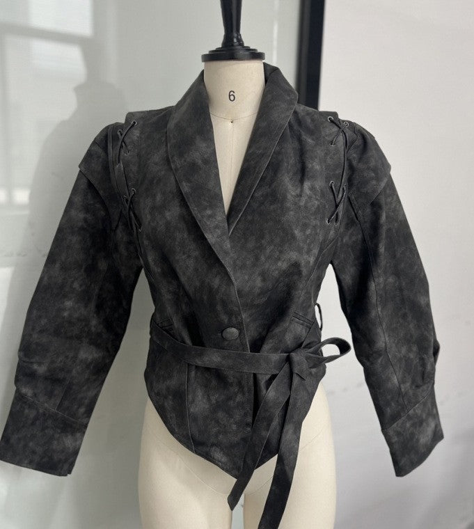 Temperament Lapel Tied Long Sleeve Leather Jackets