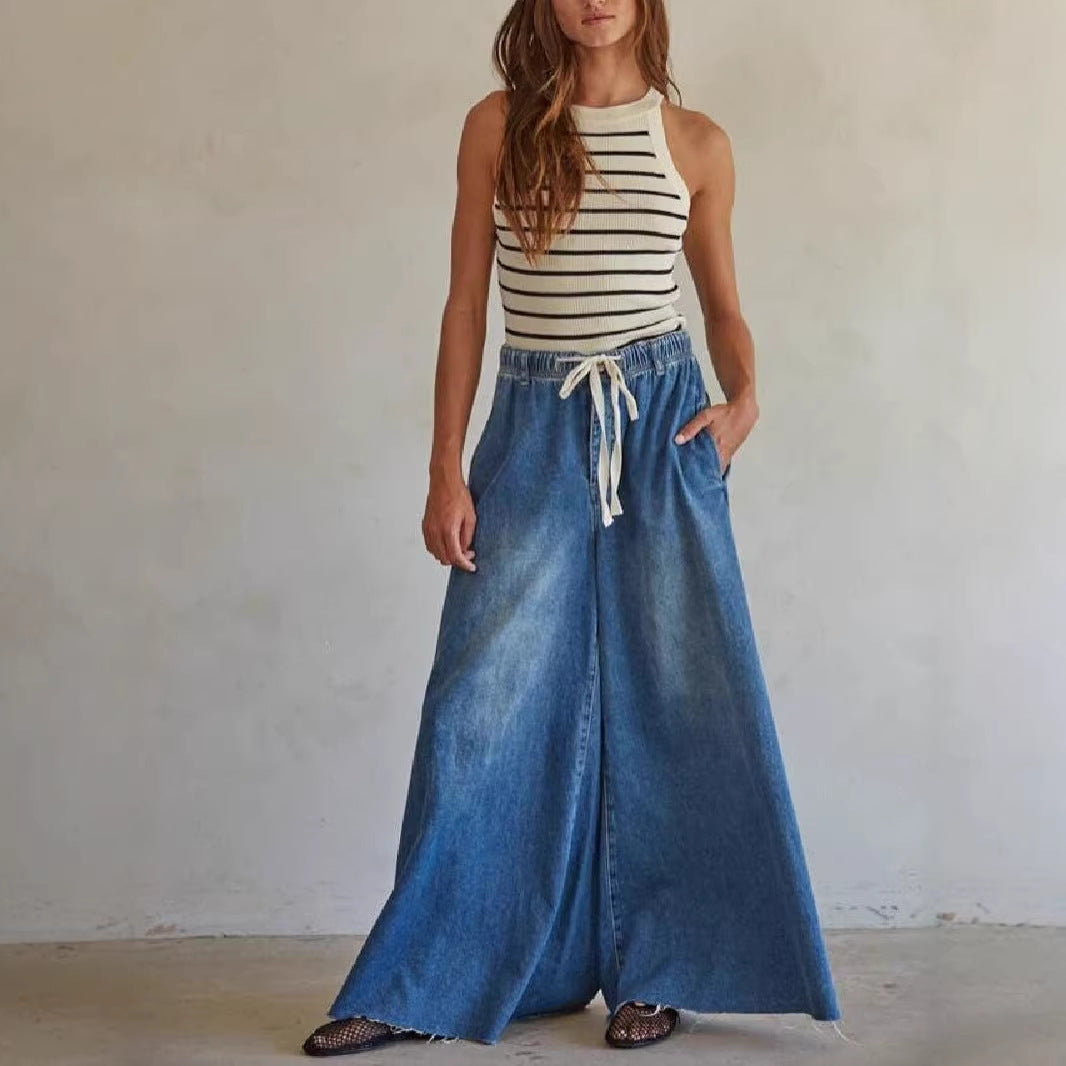 Women's Drawstring Elastic Waist Wide Leg Trousers Women's Jeans