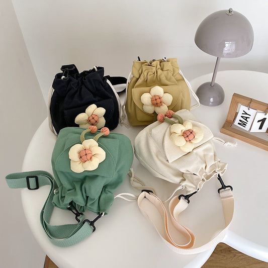 Women's Canvas Western Style Flower Drawstring Korean Shoulder Bags