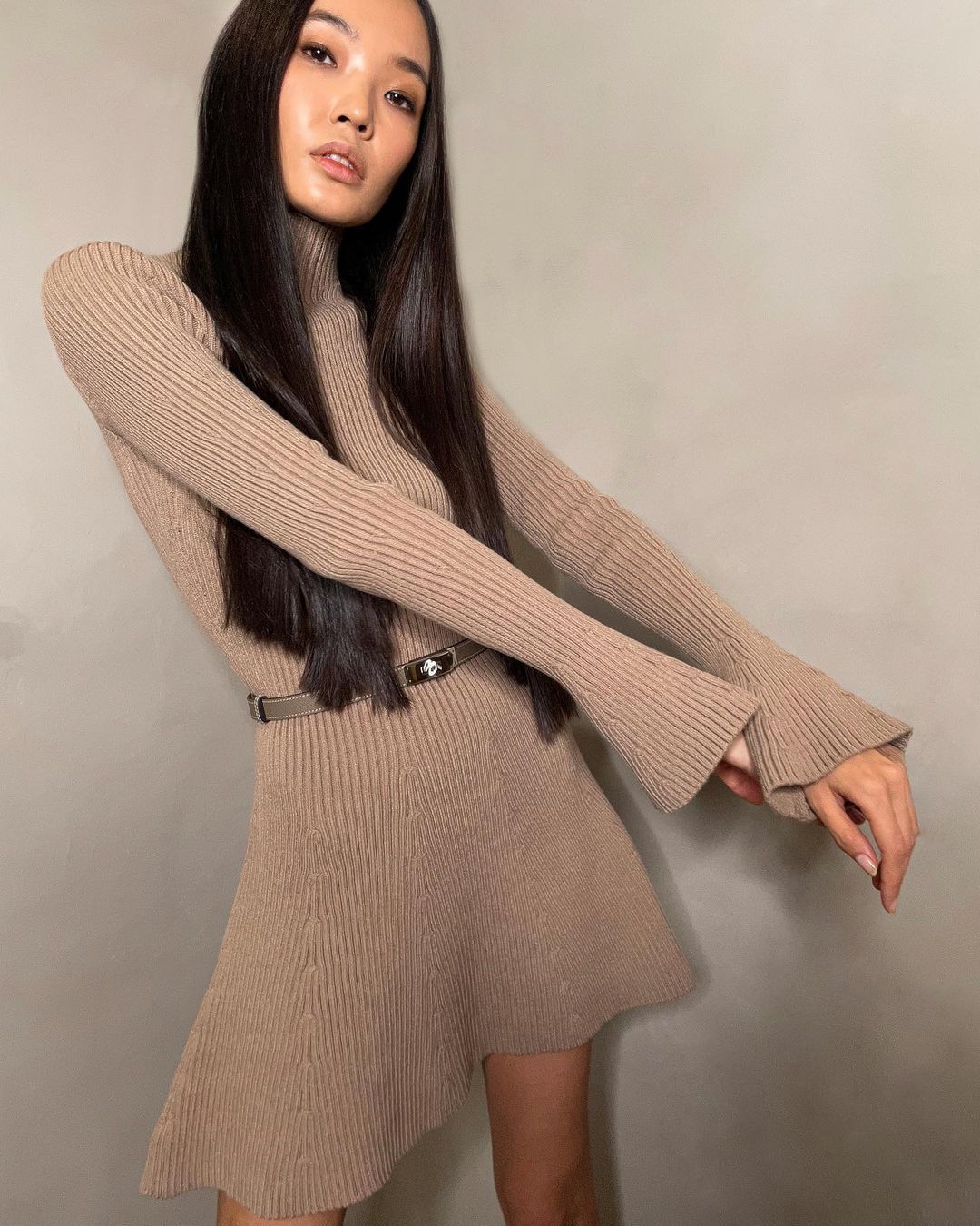 Women's Long Sleeve Waist Trimming Solid Color Dresses