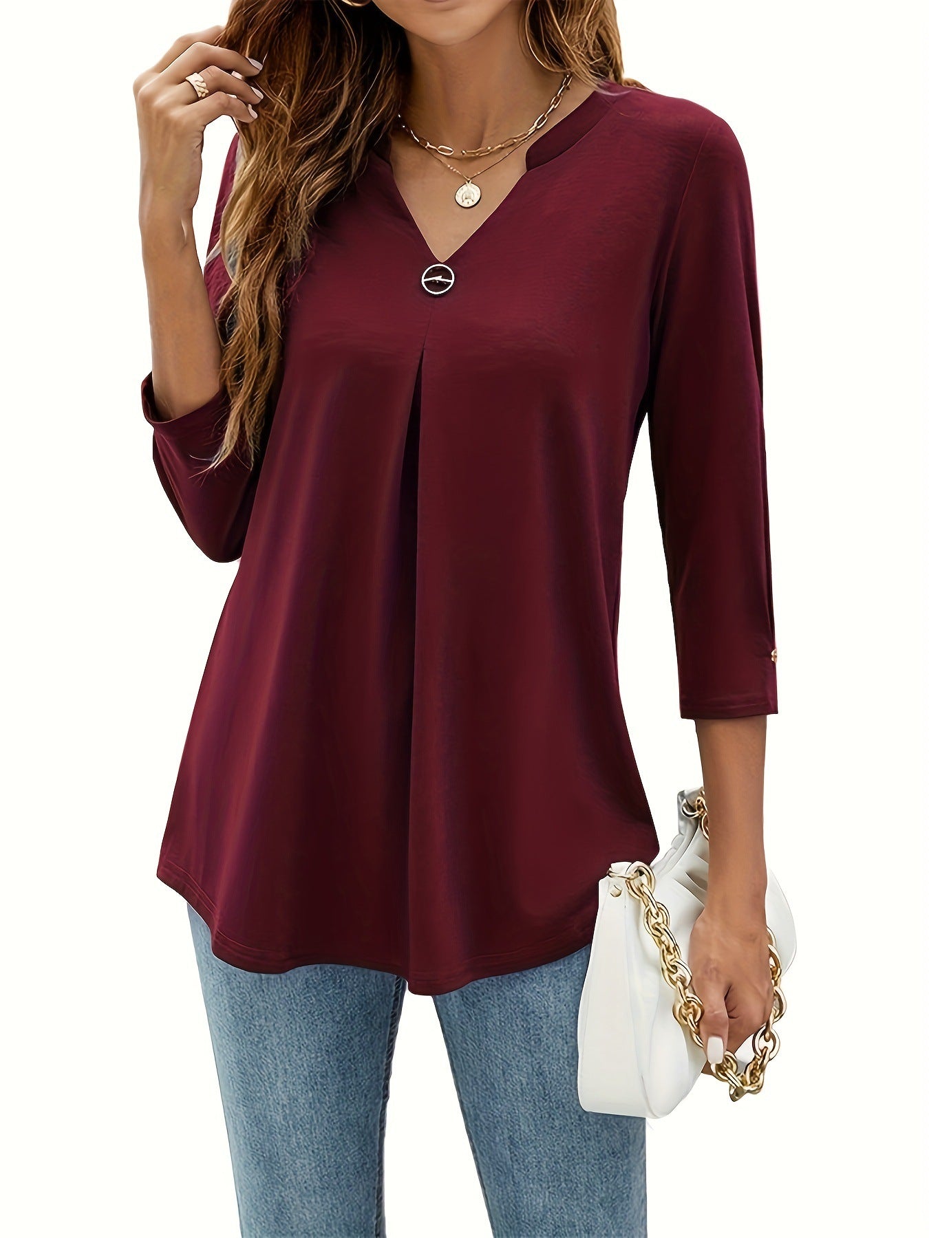 Women's Three-quarter Sleeve Solid Color Clinch Pleated Women's T-shirt