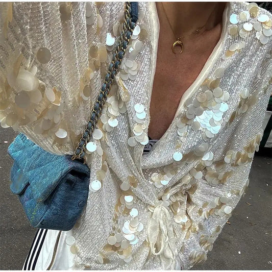 Women's Slouchy Sequin Decorative Kimono Long-sleeved Blouses