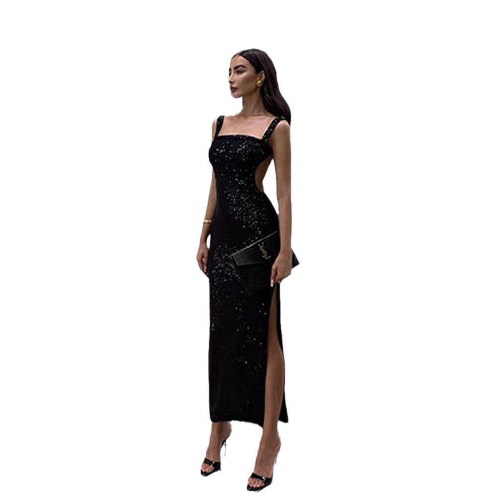 Women's Slimming Sexy Backless Shoulder Strap Slit Dresses