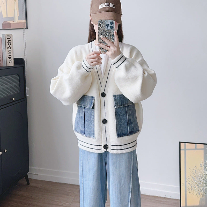 Women's Denim Patchwork Knitting Idle Style Loose Knitwear