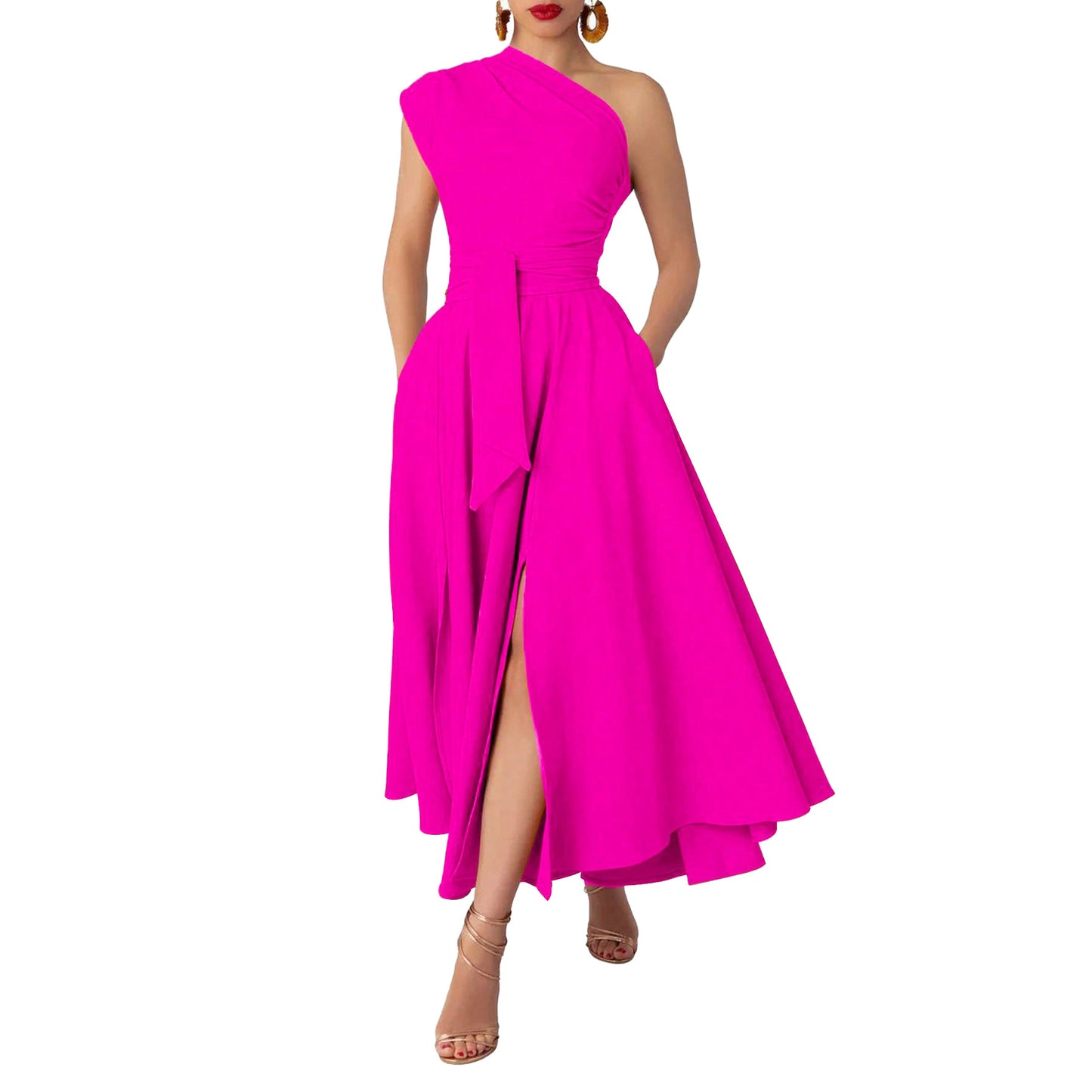 Women's Fashion Wear Sleeveless Diagonal Collar Solid Dresses