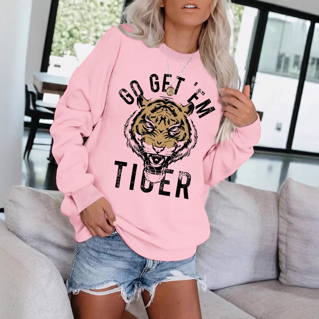 Women's Round Neck Tiger Head Portrait Printing Stylish Tops