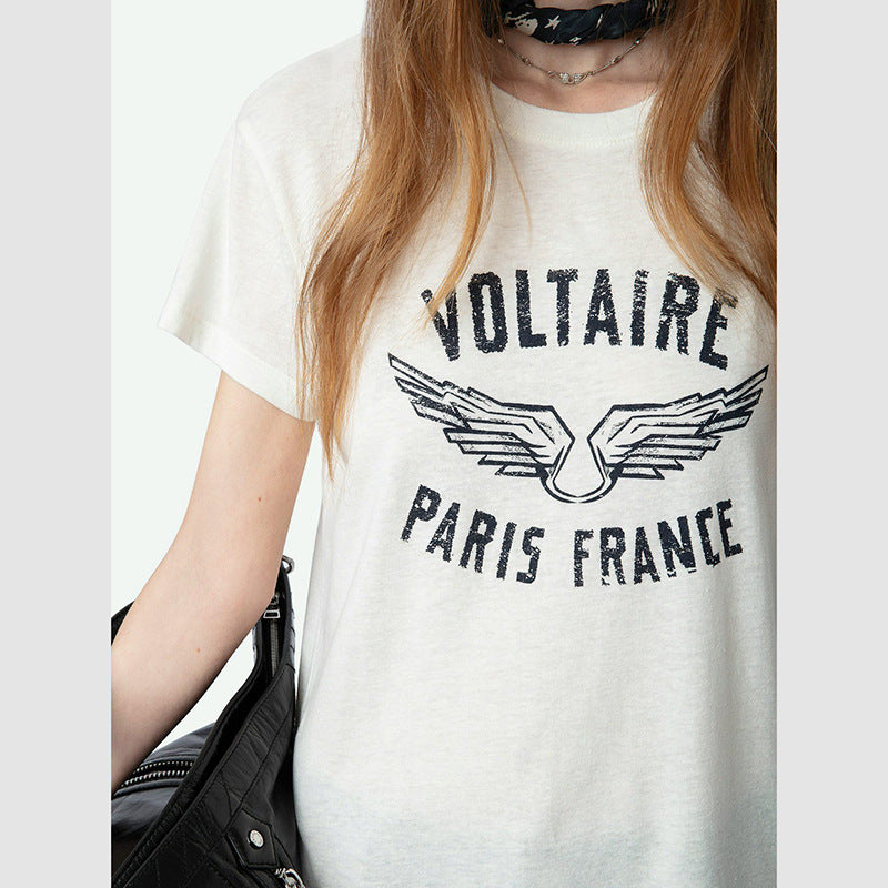 Women's French Niche Wings Letter Printed Linen Blouses