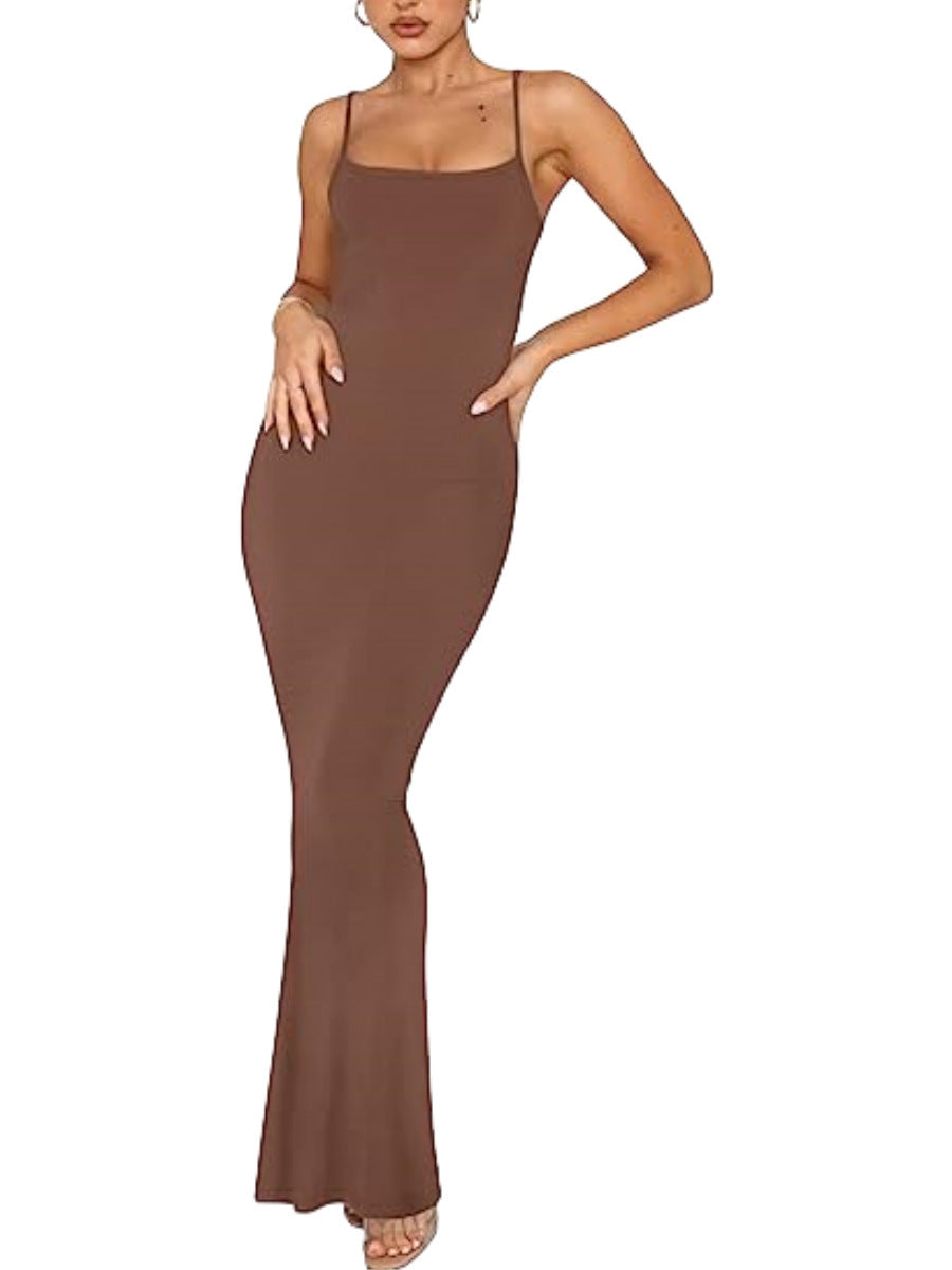 Women's Summer Solid Color Sling Casual Bottoming Rest Sexy Long Dress