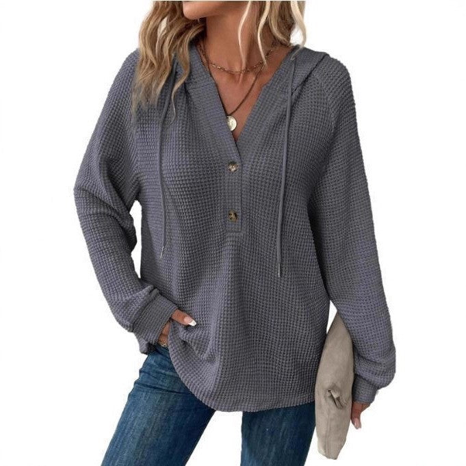 Women's Casual Waffle Knitted Drawstring Collar Decorated With Buttons Long Sleeve Women's Sweater, Sweater