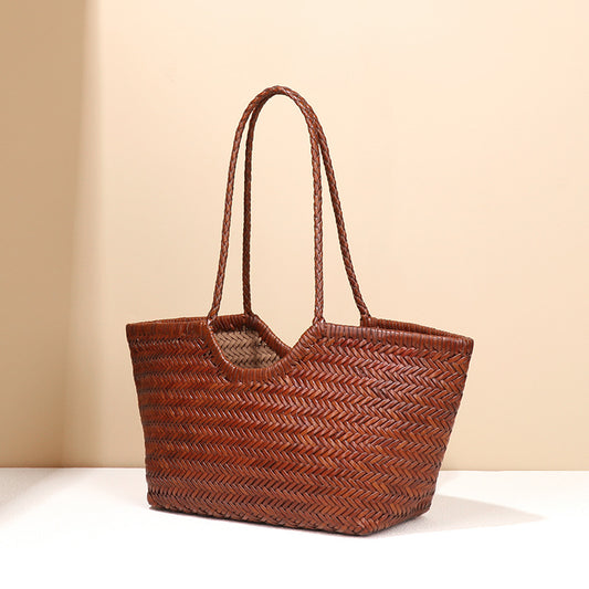Women's French Retro Authentic Leather Weave Vegetable Basket Tote Bags