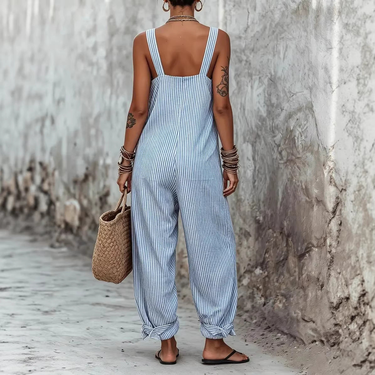 Women's Sleeveless Striped Print Loose Casual Women's Jumpsuit/clothing