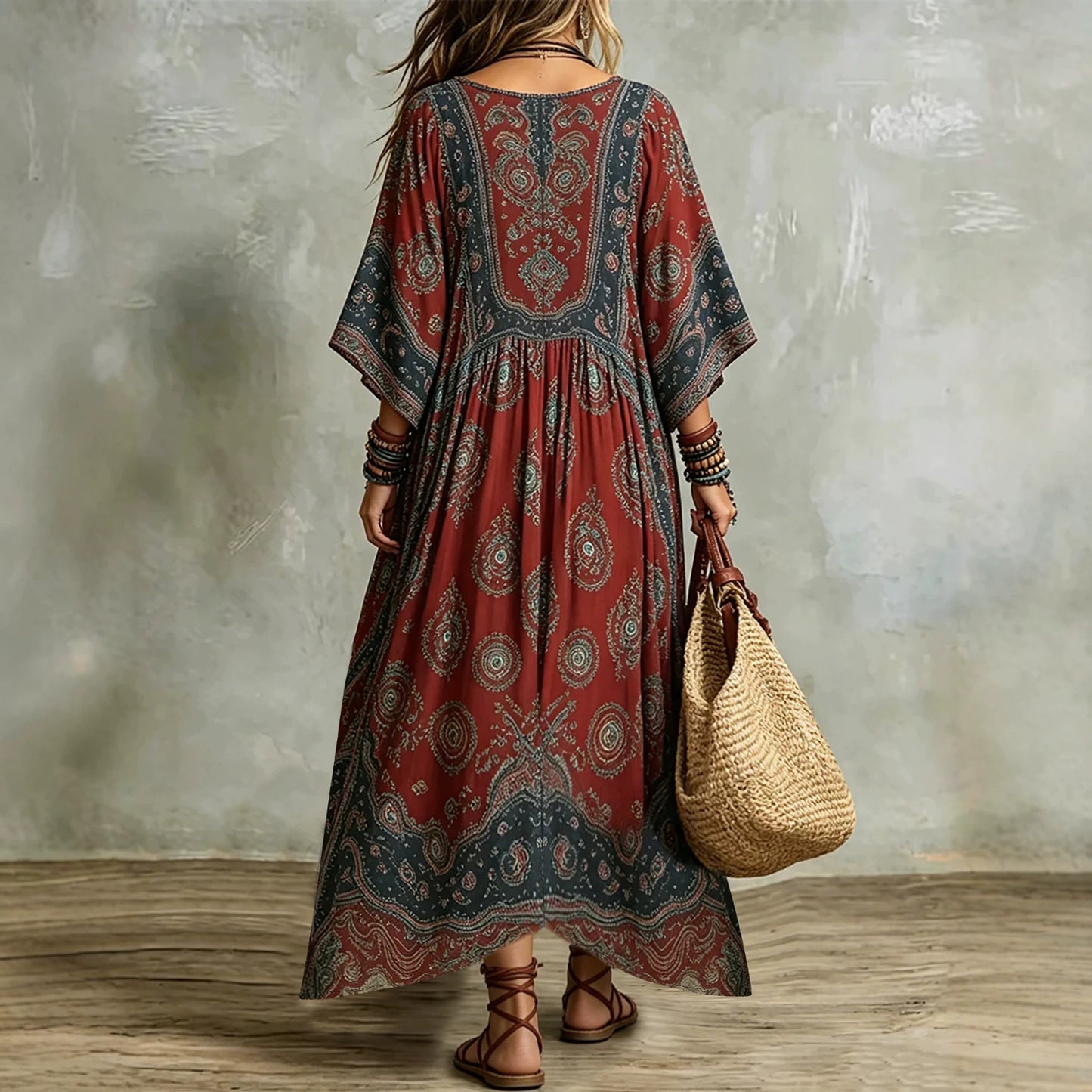 Women's Retro Three-quarter Sleeve Printed Loose Temperament Dress