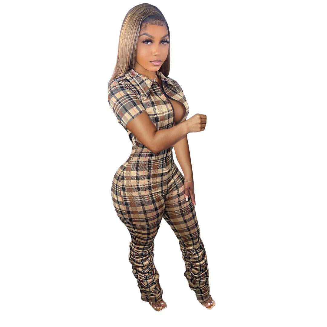 Women's Printed Checks Pleated Zipper Short-sleeved Pants