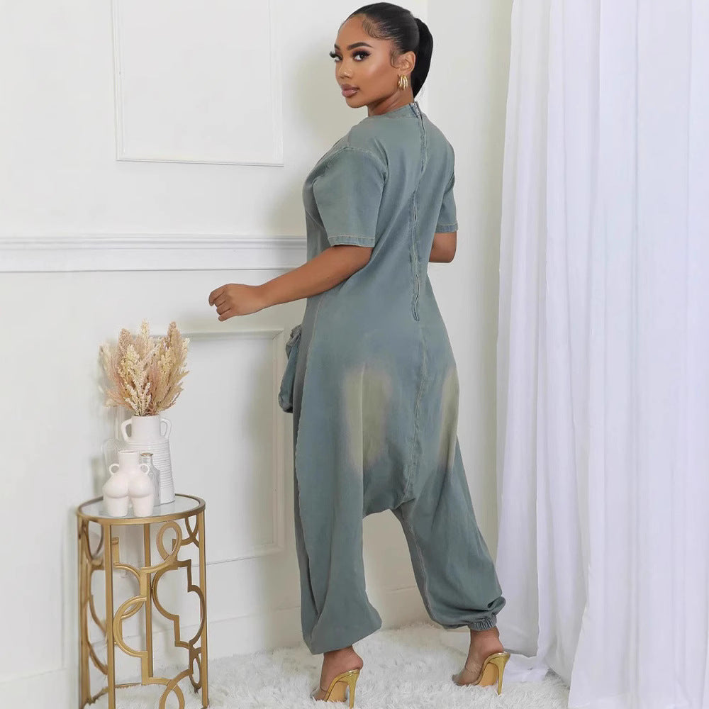 Women's Loose Fashion Personality Large Pocket Washed Jumpsuits