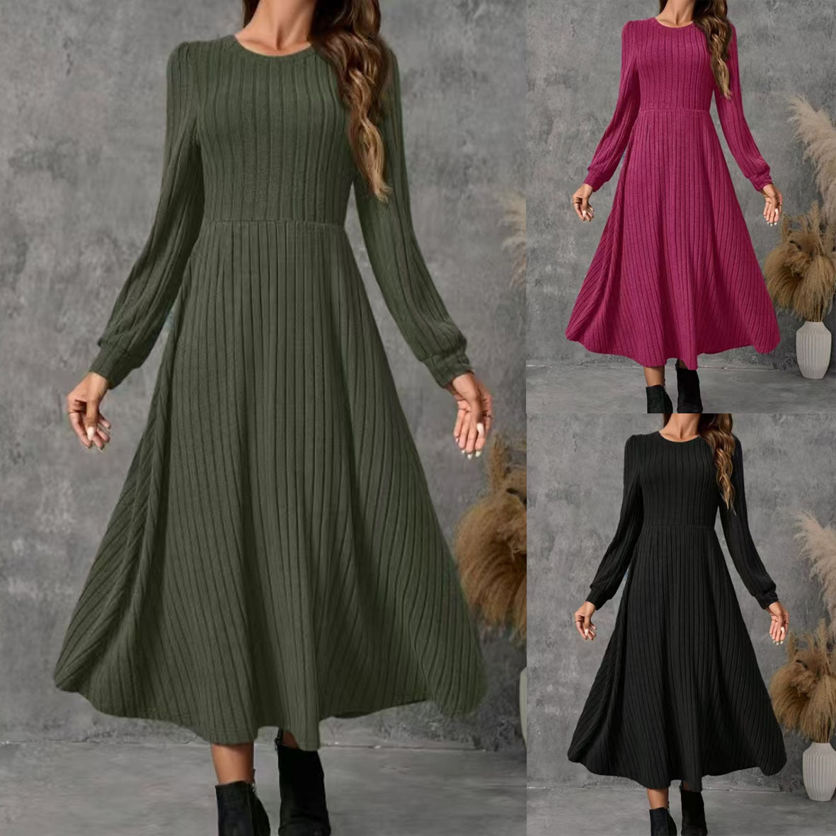 Women's Long Round Neck Solid Color Swing Knitted Dress