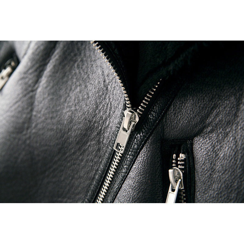 Women's Fur Stitching Leather Thickened Solid Color Coats