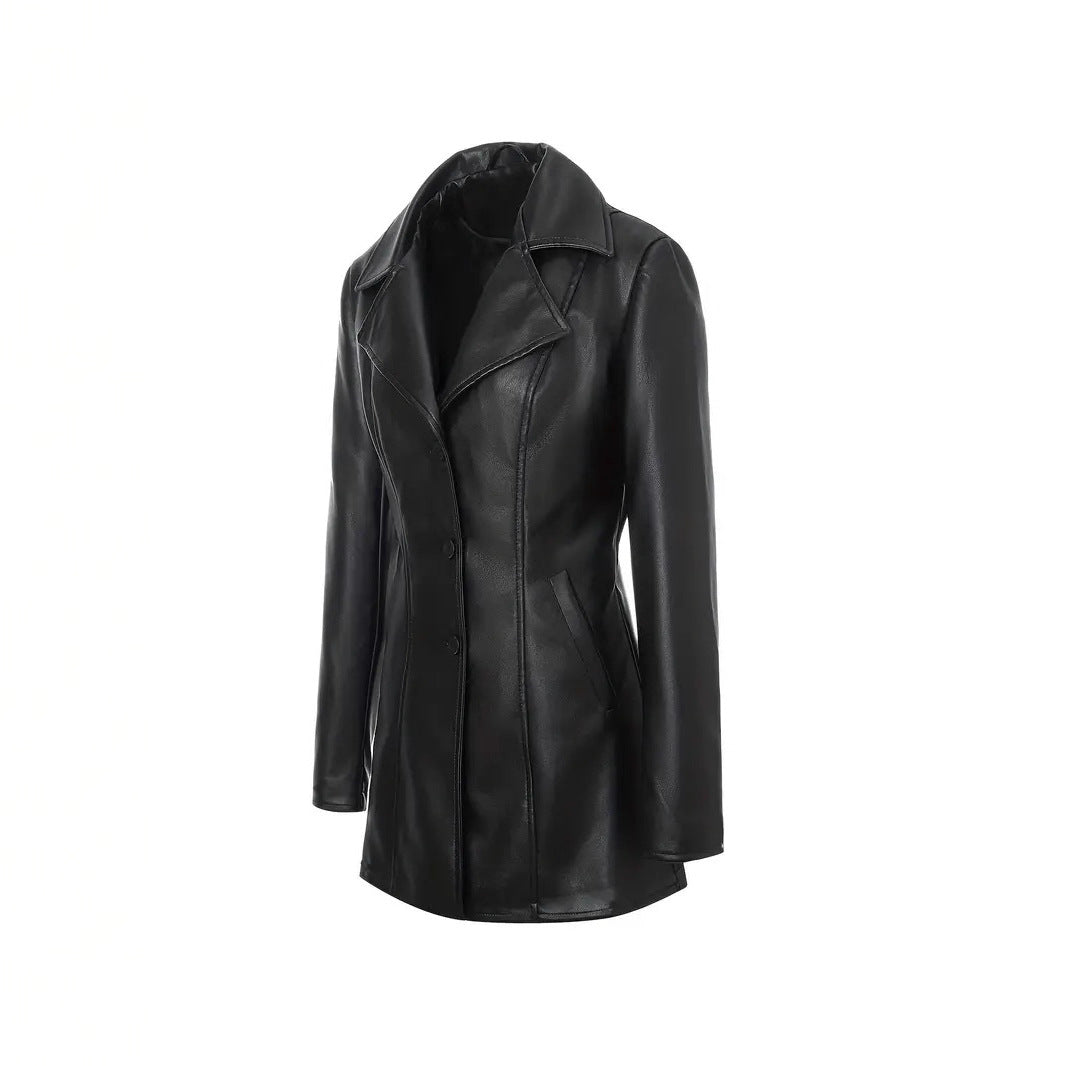 Women's Leather Mid-length Slim Trench Imitation Lapel Coats