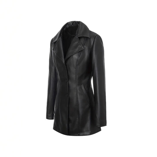 Women's Leather Mid-length Slim Trench Imitation Lapel Coats
