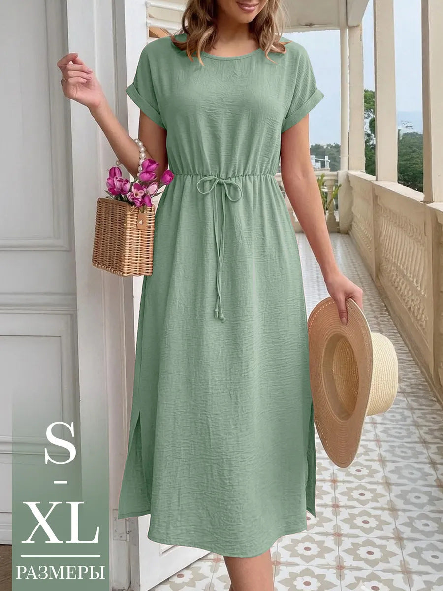 Women's Summer Casual Round Neck Loose Waist Trimming Short-sleeved Dress