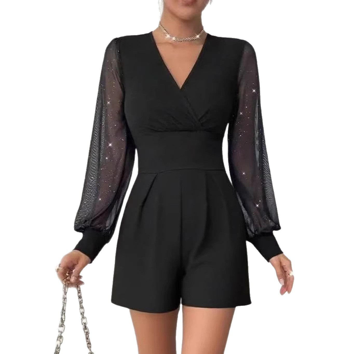Collar Long Sleeves Sexy Mesh Stitching Jumpsuits