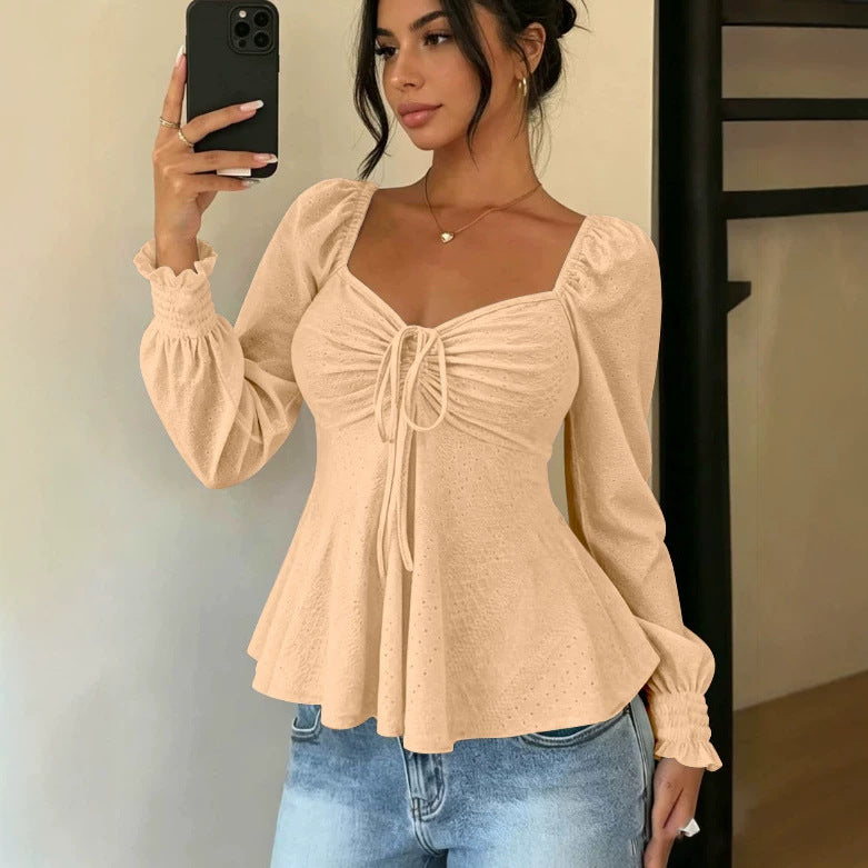 Women's Drawstring Smocking Sexy Sleeve Solid Color Women's T-shirt