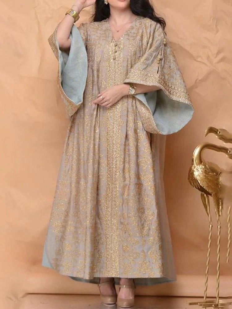 Women's Bronze Printing Embroidered Loose Flare Sleeve Dresses