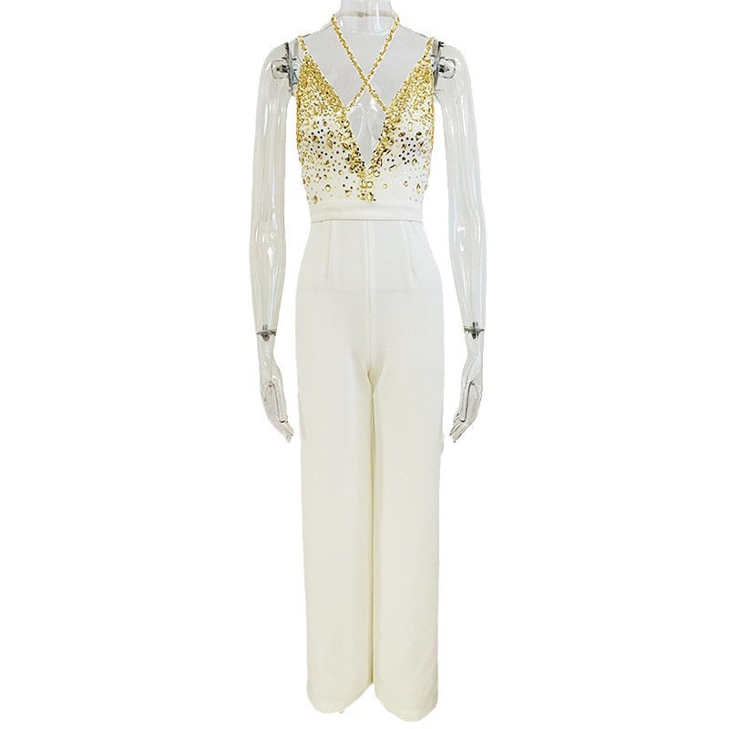 Fashion Handmade Beaded Sequins Sexy V Sling Women's Jumpsuit/clothing