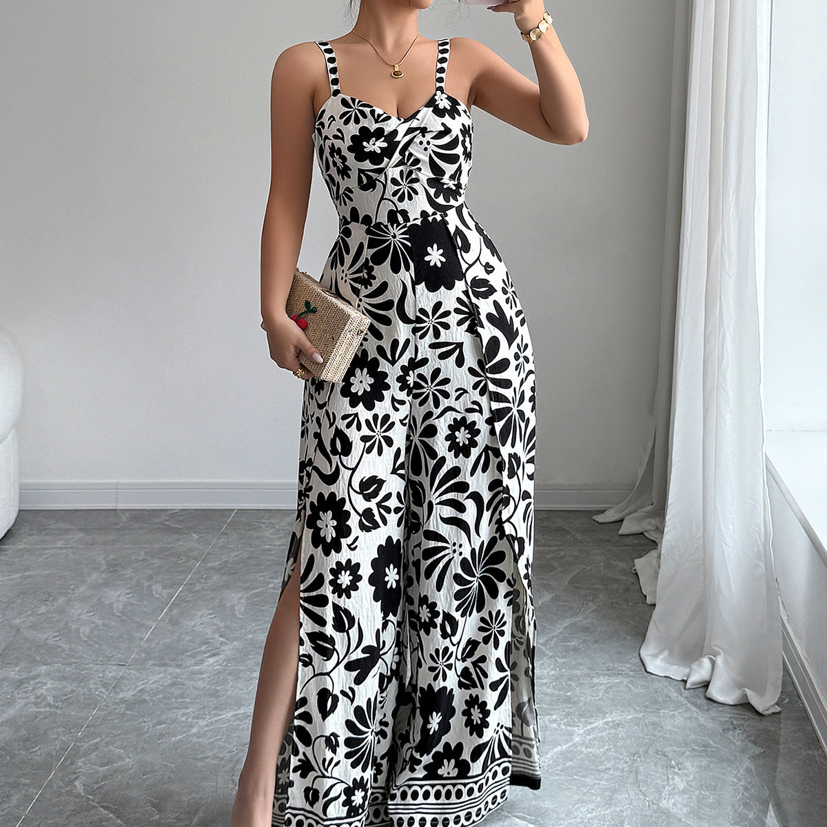 Women's Elegant Twist Print Small Sling Wide Jumpsuits